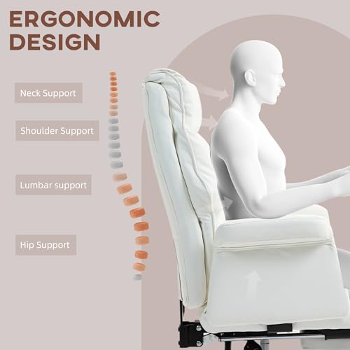 HOMCOM Executive Office Chair, PU Leather Ergonomic Office Desk Chair with Footrest, Reclining and Swivel Chair, White HOMCOM