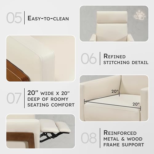 Lexicon Push Back Recliner Chair, Faux Leather Upholstered Reclining Chair with Footrest, Exposed Dark Brown Finish Wood Frame, Small Recliner for Small Space, Living Room, Bedroom, Light Beige