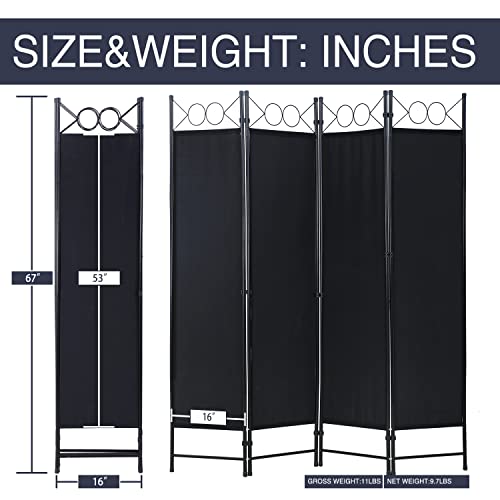 Room Divider 4 Panels 6FT Room Divider Wall Folding Privacy Screens with Steel Frame Freestanding Partition for Home Office Bedroom,Black NChanmar