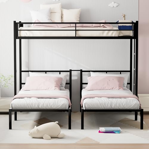 TURRIDU Metal Triple Bunk Bed for 3, Twin Over Twin Over Twin Bunk Beds with Built-in Ladders, Separates into 3 Twin Beds for Teens, Adults, No Box Spring Needed, Black TURRIDU