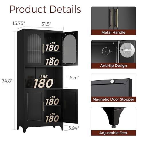 Kubohogar 75" Tall Kitchen Pantry Cabinet, Metal Storage Cabinets with Acrylic Doors and Adjustable Shelves, Hutch Cabinet with Storage, Black Microwave Stand Cabinets for Dining Living Room Kubohogar