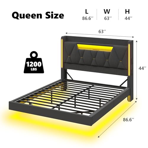 Queen Bed Frame with Headboard,Bed Frame Queen Size with LED Lights & Charging Station,Floating Queen Bed Frame with Storage Openable Marshmallow Headboard,No Box Spring Needed,Noise-Free,Dark Gray BYSAUD