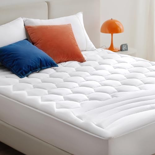 Bedsure King Mattress Pad - Quilted Fitted Mattress Topper Protector with 8-21 Inches Deep Pocket, Noiseless Breathable Bed Cover Padded, Machine Washable, White, 78x80 Inches Bedsure