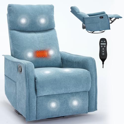 Kolavess Swivel Rocker Recliner Chair for Adults, Nursery Rocking Chair with Heat and Massage, Glider Reclining Chair for Small Space Living Room Bedroom, Blue