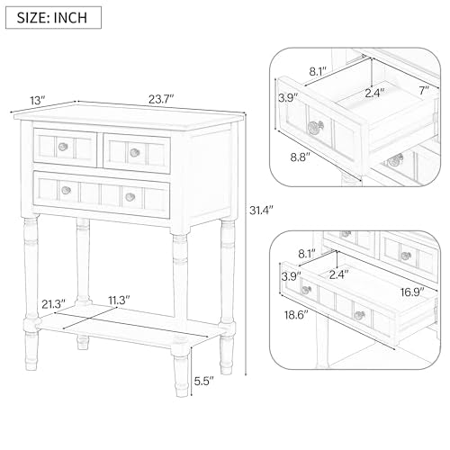 Knocbel Slim Antique Entry Console Table with 3 Drawers & Bottom Open Shelf, Solid Wood Narrow Sofa Couch Table for Entryway Hallway Living Room 23.7" W x 13" D x 31.4" H Beige Knocbel