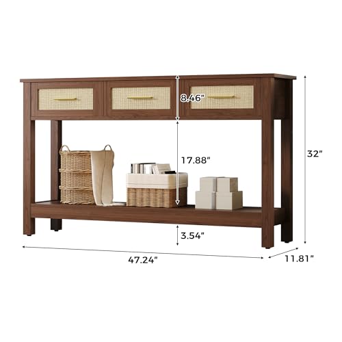 JASIWAY Brown Entryway Table with Storage, 47" Rattan Console Table with Drawers, Narrow Long Foyer Sofa Tables for Living Room, Entryway, Hallway, Front Door, Mesa de Entrada de Puerta, Boho JASIWAY