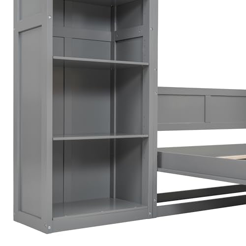 Harper & Bright Designs Gray Full Size Murphy Bed with Storage Shelves, Wood Cabinet Full Platform Beds with Flexible Slats Support, Foldable Wall Bed Frame for Home Office Studio Harper & Bright Designs