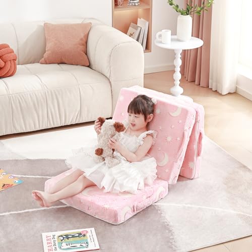 Givjoy Foldable Floor Mattress for Kids, Glow in The Dark Pink Moon Toddler Washable Tri Folding Floor Mat for Nap Daycare, Child Trifold Futon Sofa Bed with Storage Bag for Playroom Girls and Boys Givjoy
