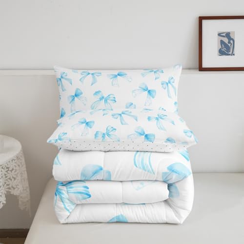 Feelyou Sky Blue Bow Bedding Set for Kids Boys Girls Twin Size Cute Dreamy Princess Style Comforter Set Ultra Soft Bow Pattern Comforter Sky Blue Bowknot Duvet Quilt Bedroom Decor Bow Quilt Feelyou