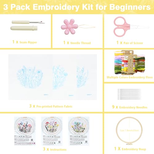 RidaaFri Embroidery Kit for Beginners, Set of 3 Flower Pattern DIY Practice Kits for Adults, Hand Embroidery Set with Step-by-Step Guide & Video Tutorial, Includes Hoop, Needles, Floss