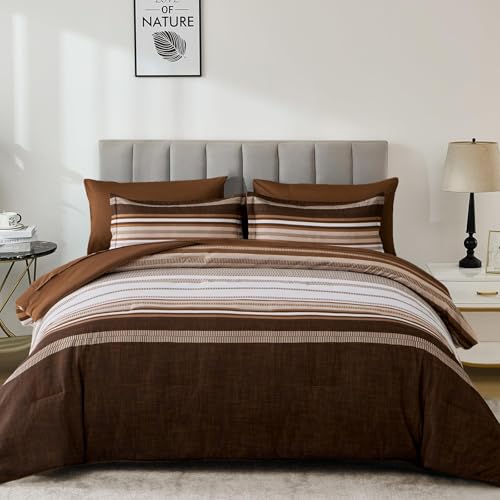 Dobuyly Brown Comforter Queen Size 7 Pieces, Boho Striped Bed in a Bag Set, Soft Microfiber Bedding Set with Comforter, Sheets, Pillowcases & Shams Dobuyly