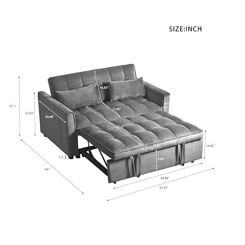 3 in 1 Convertible Sleeper Sofa Bed,Modern Velvet Loveseat Futon Couch Pullout Couches Bed,Small Love Seat Lounge Sofa w/Reclining Backrest, Toss Pillows, Furniture for Living Room (Dark Gray) YHUBHSIS