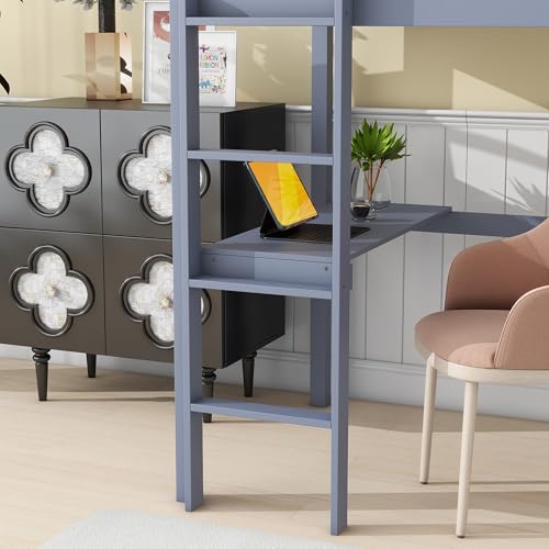 KEIKI Twin High Loft Bed, Rubber Wood Loft Bed with Safety Guardrail, Built-in Desk, Ladder,Grey KEIKI