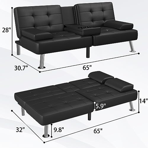 Flamaker Futon Sofa Bed Modern Folding Futon Set Convertible Recliner Lounge for Living Room with 2 Cup Holders, Removable Armrests (PU Leather, Black) Flamaker