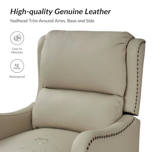 HULALA HOME Genuine Leather Recliner Chair, Modern Push Back Recliner Armchair with Thick Seat, Backrest & Footrest, Nailhead Decor for Living Room, Bedroom, Beige