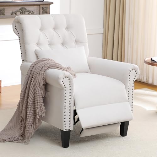 choairy Pushback Recliner Chair, Accent Push Back Chair with Adjustable Footrest, Upholstered Linen Fabric Reclining Sofa with Side Pocket, Comfy Modern Armchair for Living Room, Beige