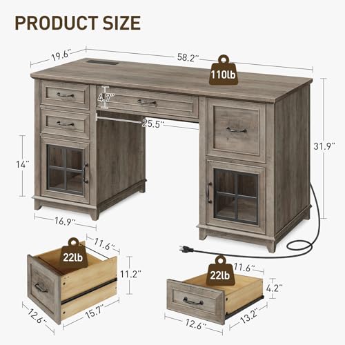 RALGEND 58" Farmhouse Executive Desk, Farmhouse Computer Desk with Drawers & File Cabinet, Wooden Home Office Desk with Power Outlet & LED Light, Workspace for Study Writing, Greige RALGEND