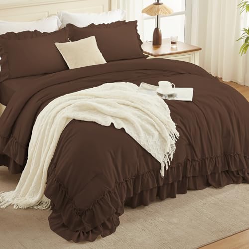 Andency Brown Twin Size Comforter Set, 2 Pieces Lightweight Fluffy Ruffle Bedding Set for Dorm, All Season Soft Farmhouse Shabby Chic Bed Set for Kids, College Dorm (66x90In Comforter)