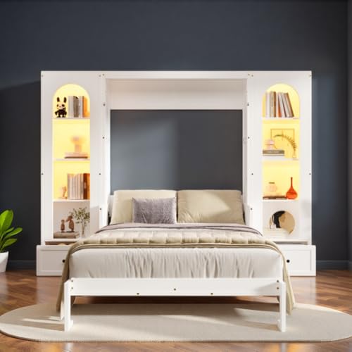 LUMISOL Queen Size Vertical Murphy Bed with Desk, Wood Queen Wall Bed Cabinet Bed with Storage Drawers & Shelves and LED Lights for Guest Room, Bedroom, White LUMISOL