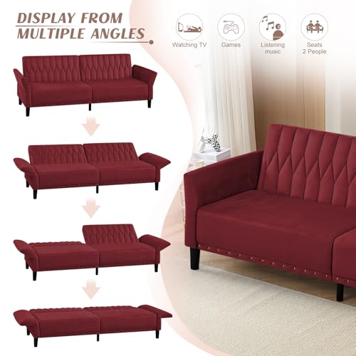 Lesofair 77” Velvet Sofa Bed with Adjustable Armrests and Backrests,Tufted Convertible Futon Couch with Nailhead Trim, Loveseat Modern Velvet Sleeper Sofa for Living Room,Bedroom,Office, Red Lesofair