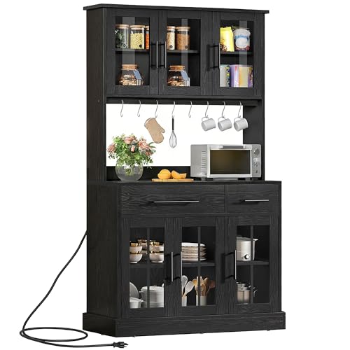 DWVO Kitchen Pantry Storage Cabinet with Microwave Stand, 71'' Tall Kitchen Hutch Cabinets with Power Outlet, Modern Food Pantry Hutch with Drawers & Shelves for Home, Pack of 1, Black DWVO