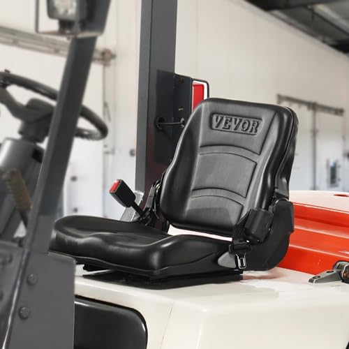 VEVOR Universal Forklift Seat, Fold Down Tractor Seat with Adjustable Angle Back, Micro Switch and Retractable Seatbelt, 6.3-13.4 inch Slot Forklift Seat for Tractor Loader Excavator VEVOR