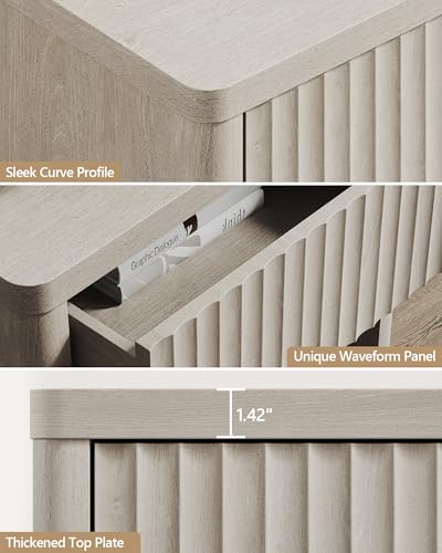 SICOTAS Night Stand Nightstand with Drawer Storage Fluted Bed Side Table End Table Large Modern Wide Bedside Stand Mid Century Night Stands for Bedroom Living Room Sofa Couch Home Office, White Alder SICOTAS