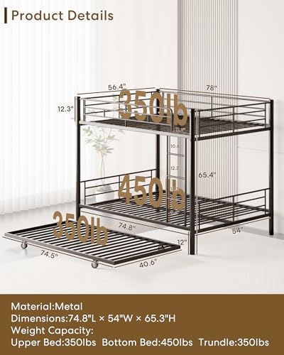 Feetice Full Over Full Bunk Bed with Trundle, Heavy Duty Metal Bed Frame with Full-Length Guardrails & Ladder, 3-in-1 Convertible Full Bunk Bed, Noise-Free, No Box Spring Needed, Black Feetice