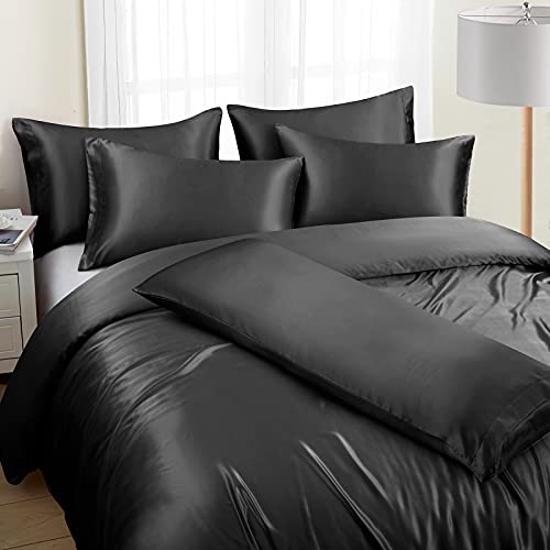 Ersmak 6 Pieces Satin Duvet Cover King Size Luxury Silky Bedding Duvet Cover Set with 1 Soft Duvet Cover, 4 King Pillowcases and 1 Body Pillowcase, Black Ersmak
