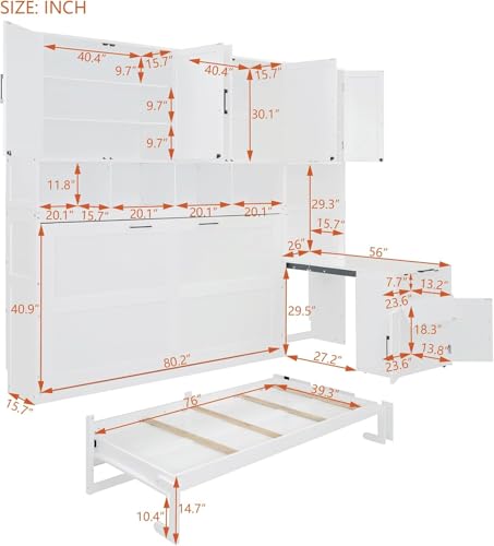 Virubi Twin Horizontal Murphy Bed with Desk and Wardrobe Closet,Wood Twin Folding Murphy Wall Bed with Storage Shelves Cabinets and Drawers for Adult (White) Virubi