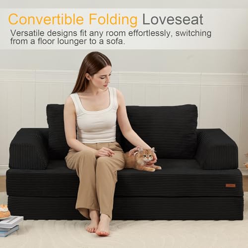 COMAX Futon Sofa Bed, Convertible Folding Sofa Bed, Boneless Couch Loveseat Corduroy with Pillows, Small Foldable Floor Couch Comfy Lounge Sleeper for Living Room Bedroom, Black COMAX