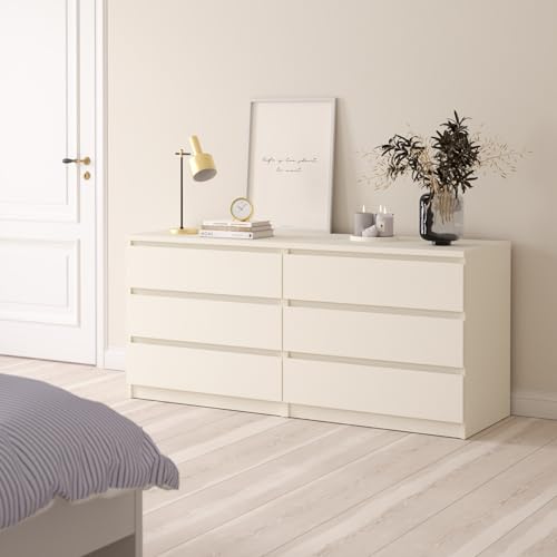 Tvilum 6 Drawer Double Dresser, Bedroom Furniture, Handle-free Drawers, Contemporary, White Tvilum