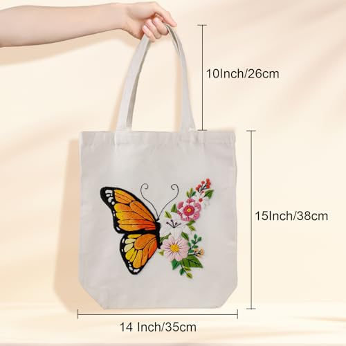 Louise Maelys Embroidery Kit Canvas Tote Bag for Beginners,Cross Stitch Kits for Adults,DIY Needlepoint with Butterfly Floral Pattern,Women Shopping Reusable Grocery Bags