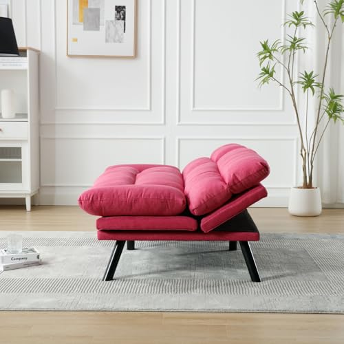 WDYLWFHW Convertible Futon Sofa Bed, Linen Folding Loveseat Couch with Adjustable Backrest and Wooden Legs,Double Sleeper Sofa Couches for Small Spaces Living Rooms Apartment Office (Rose Red) WDYLWFHW