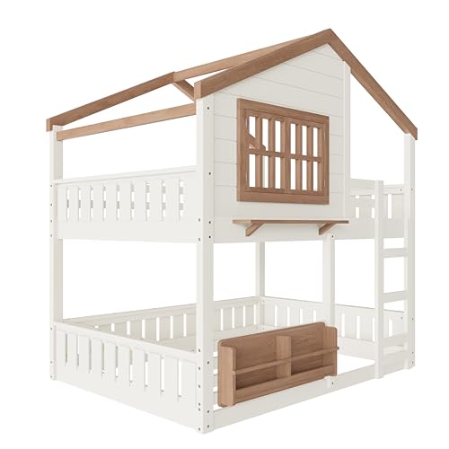 Harper & Bright Designs Full Over Full House Bunk Bed with Window and Roof, Solid Wood Low Bunk Beds with Bookshelf, Ladder and Guardrail, Space Saving for Boys and Girls, Beige & Natural Harper & Bright Designs