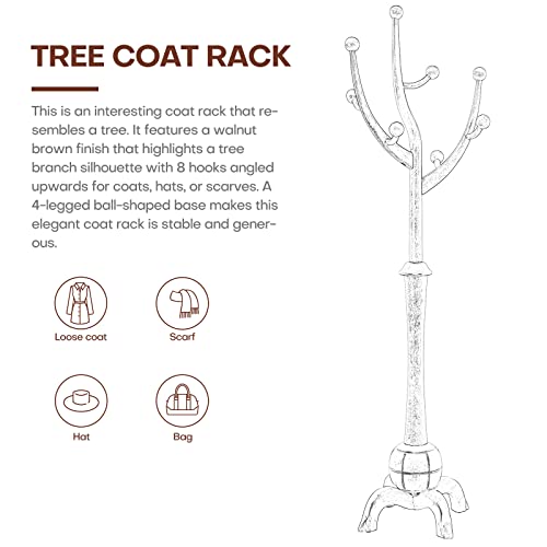 Coat Rack Freestanding Wood Tree Rack with 8 Hooks, Creative Design Tree Branch-look, Coat Tree Clothes Hanger Stand with Stable Sphere Base for Entryway, Hallway, Bedroom - Load 160lbs (Walnut Brown) Bekrvio