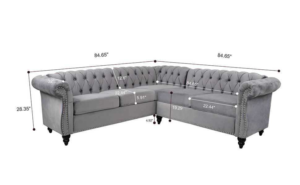 RARZOE Chesterfield L Shaped Sectional Sofa, Deep Button Tufted Velvet Sofa, Upholstered Rolled Arm Classic Chesterfield Settee Furniture for Living Room, Grey RARZOE