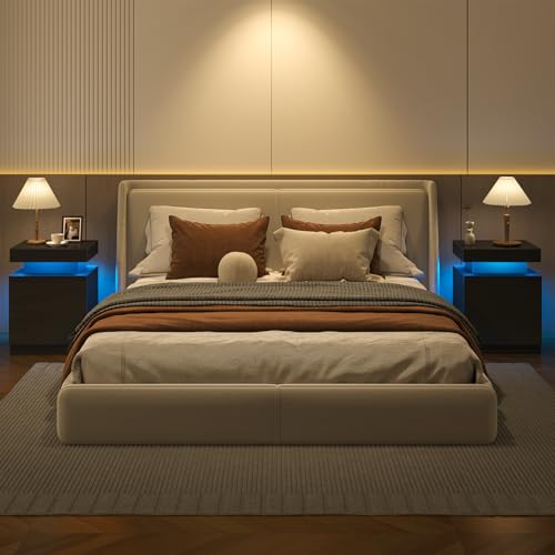 OneBlis LED Nightstands Set of 2, 17 Inches Night Stand Set 2, Modern Bedside Table with LED Lights, High Gloss Surface, End Table with Storage for Bedroom, Black OneBlis