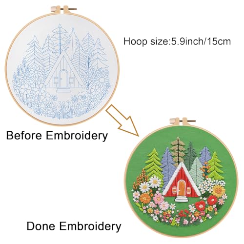 Louise Maelys Embroidery Kits for Beginners,Cross Stitch Kit for Adults,DIY Needlepoint with Forest Garden House Pattern,Including Hoop,Threads and Instructions