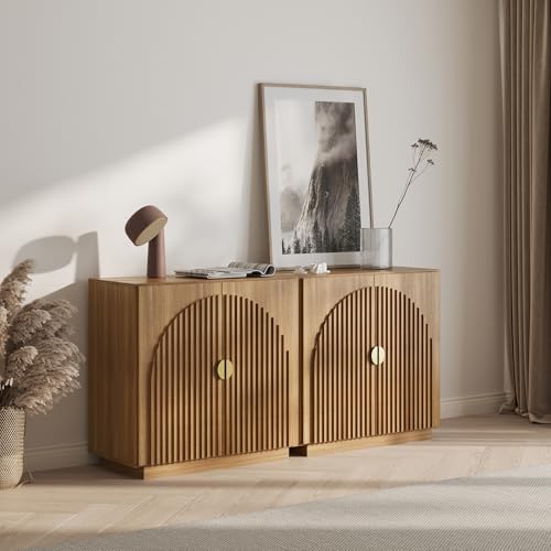 BELLEZE Set of 2 Modular Fluted Sideboard Buffet Cabinet with Storage, Mid-Century Modern Console Table with Symmetrical Arched Doors, Credenza for Dining Room, Kitchen and Living Room, Caramel Brown BELLEZE