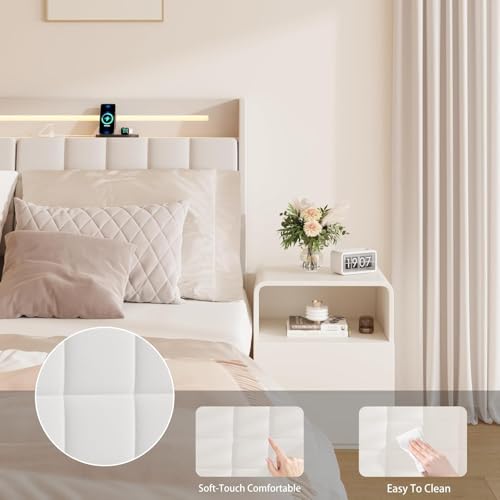 bzbbzc Floating King Size Bed Frame with RGB LED Lights & Charging Station, Upholstered Platform Bed with Hidden Storage Headboard & Shelves, Noise Free, Heavy Duty Frame, Beige bzbbzc
