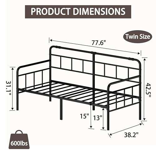 Goltriever Daybed-Metal-Twin-Bed-Frames - with Modern Headboard,Strong Mattress Foundation with Steel Slats Support,No Box Spring Needed,Black Goltriever
