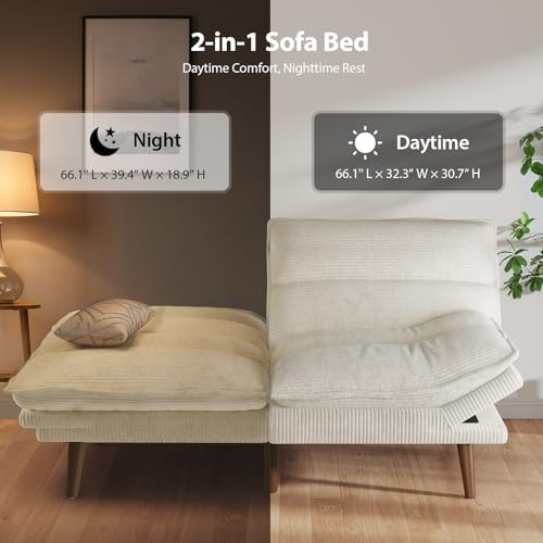 Pipishell Futon Sofa Bed, Convertible Futon Adjustable Backrest & Armrests, Corduroy Sleeper Couch for Small Spaces, Living Room, Office, Guest Room (Pearl White, 66 Inch) Pipishell