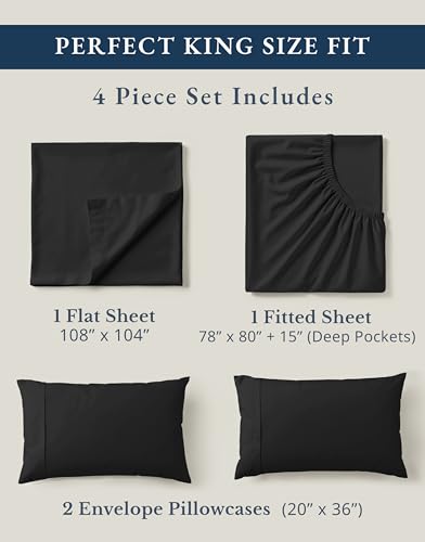 LANE LINEN 100% Organic Cotton Bed Sheets King Size, Soft & Comfy Fully Elasticized Percale Bedding Sheets & Pillowcase Set, Low Pilling Machine Washable King Sheet- Black Sheets LANE LINEN