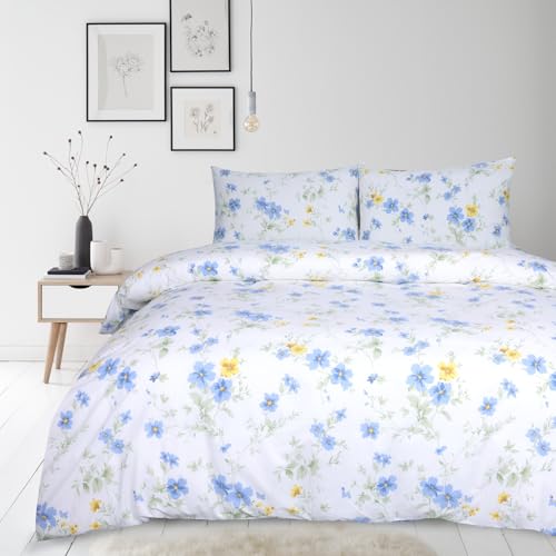 YINFUNG Blue Floral Cotton Duvet Cover Set Full White Yellow Flower Wildflower Cottage Botanical Summer French Country Girls Women Spring All Season Duvet Cover Zipper Aesthetic Bedding Set YINFUNG
