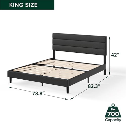 Zinus King Piper Upholstered Platform Bed with Horizontal Paneled Headboard, Wooden Slat Support, No Box Spring Needed, Easy Assembly, Eco Friendly Packaging, Dark Grey Zinus