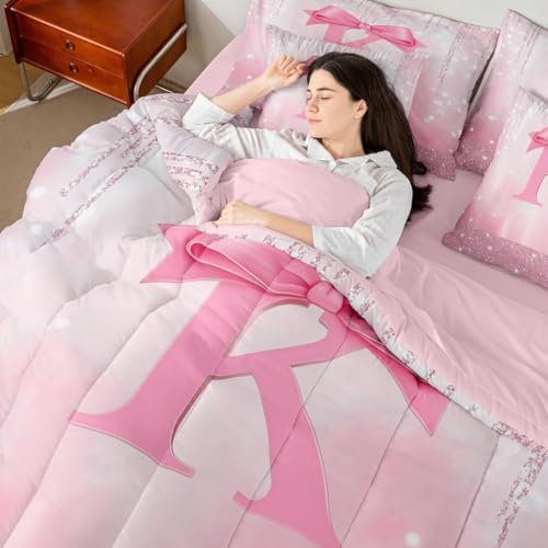 Feelyou Kids Pink Bowknot 7 Pieces Bedding Set Full Size, Personalized Initial K Bed in A Bag Princess Glitter Comforter Set with Sheets Boys Girls Bow Alphabet Teens Bed Set Bedroom Decor 7Pcs Feelyou