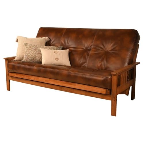 Pemberly Row 75" Traditional Full-Size Faux Leather Futon Mattress with Hinged Innerspring, Foam Construction, in Saddle Brown Finish, Frame Not Included Pemberly Row