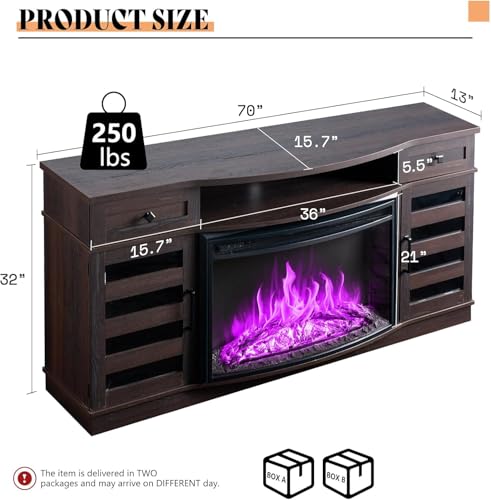 AMERLIFE 70" Farmhouse Fireplace TV Stand with 36'' Curved Electric Fireplace, LED Media Console with 2 Drawers & Adjustable Shelves, Fits 80'' TVs, Espresso AMERLIFE