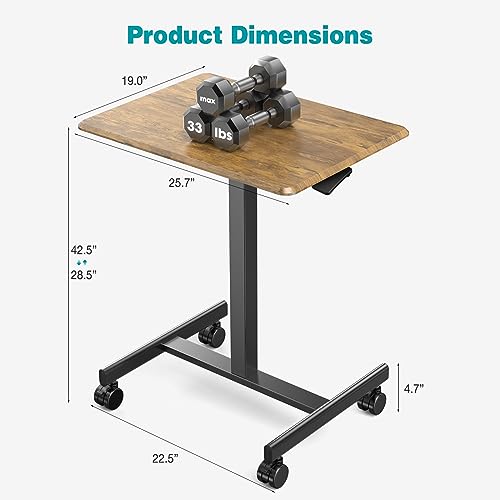 DUMOS Small Standing Desk Mobile Portable Rolling Laptop PC Table on Wheels Adjustable Height Computer Workstation for Home Office, 19 Inch, Brown DUMOS